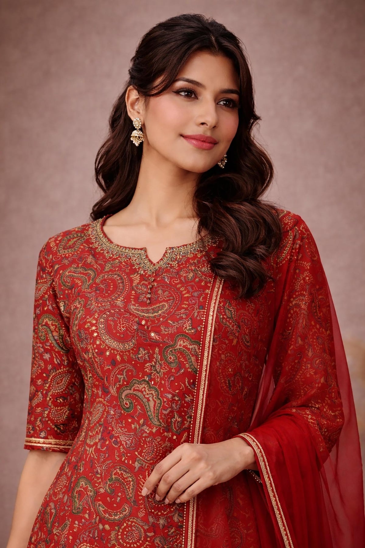 SN162 women’s red cotton silk kurta sharara set V-neck paisley print closeup view.