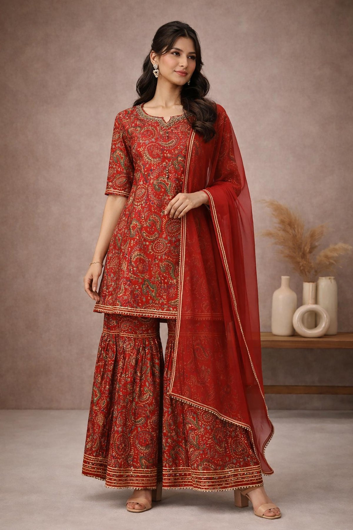 SN162 women’s red cotton silk kurta sharara set with V-neck and three-quarter sleeves front view.