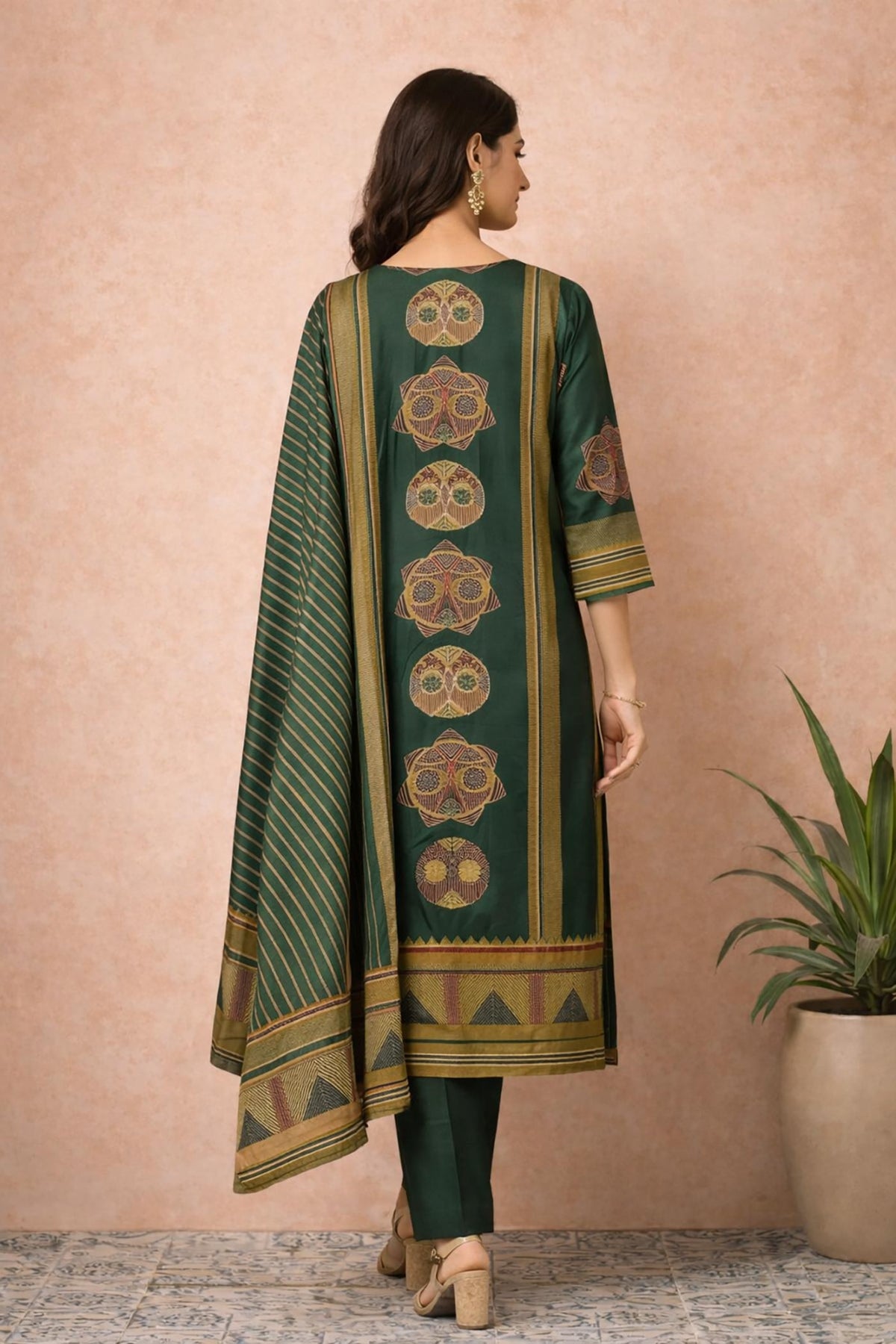 SN163 women’s forest green silk blend kurta set back view with geometric print and bordered dupatta