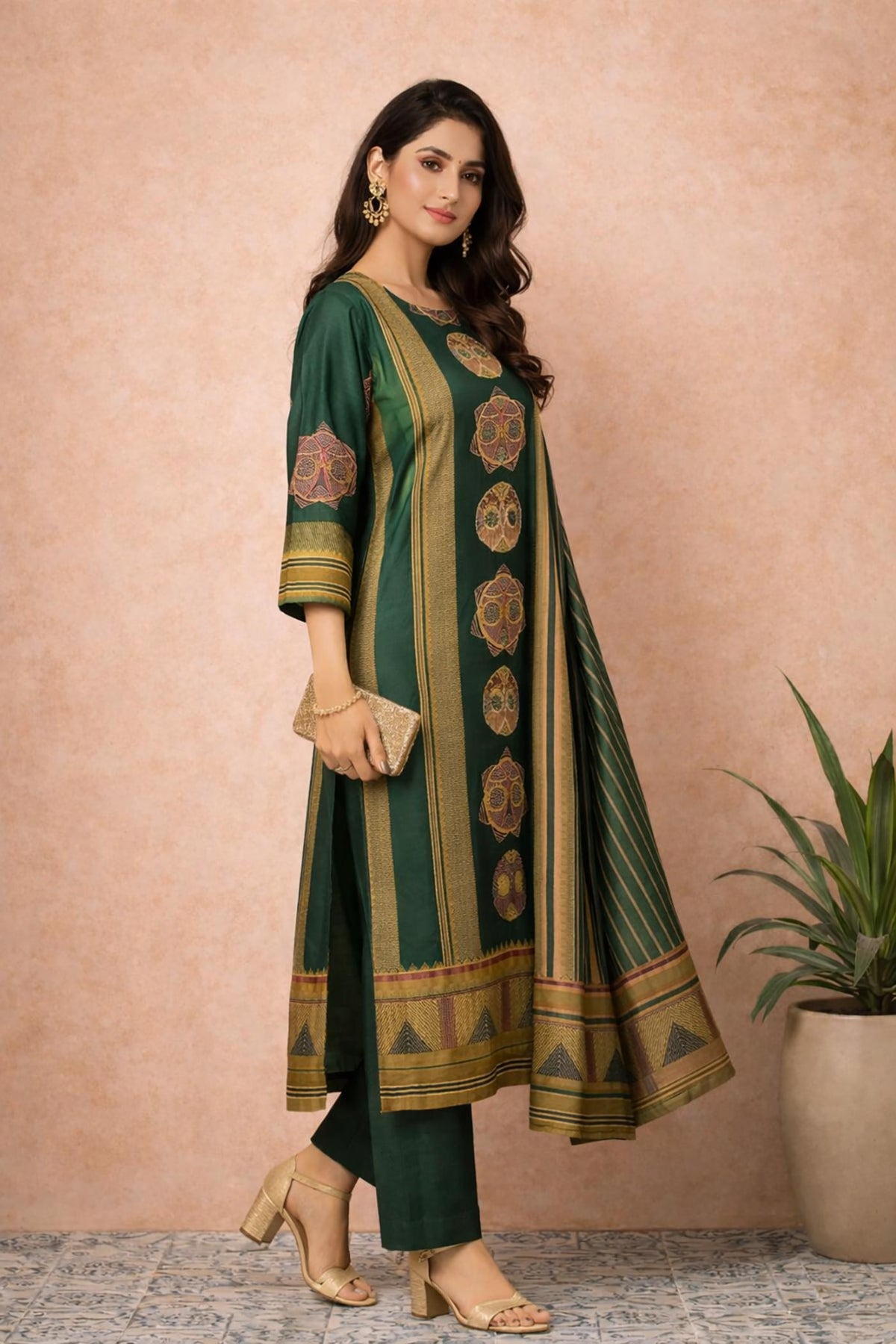SN163 women’s forest green silk blend kurta set side pose with straight silhouette, printed panel and dupatta