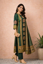 SN163 women’s forest green silk blend kurta set side pose with straight silhouette, printed panel and dupatta