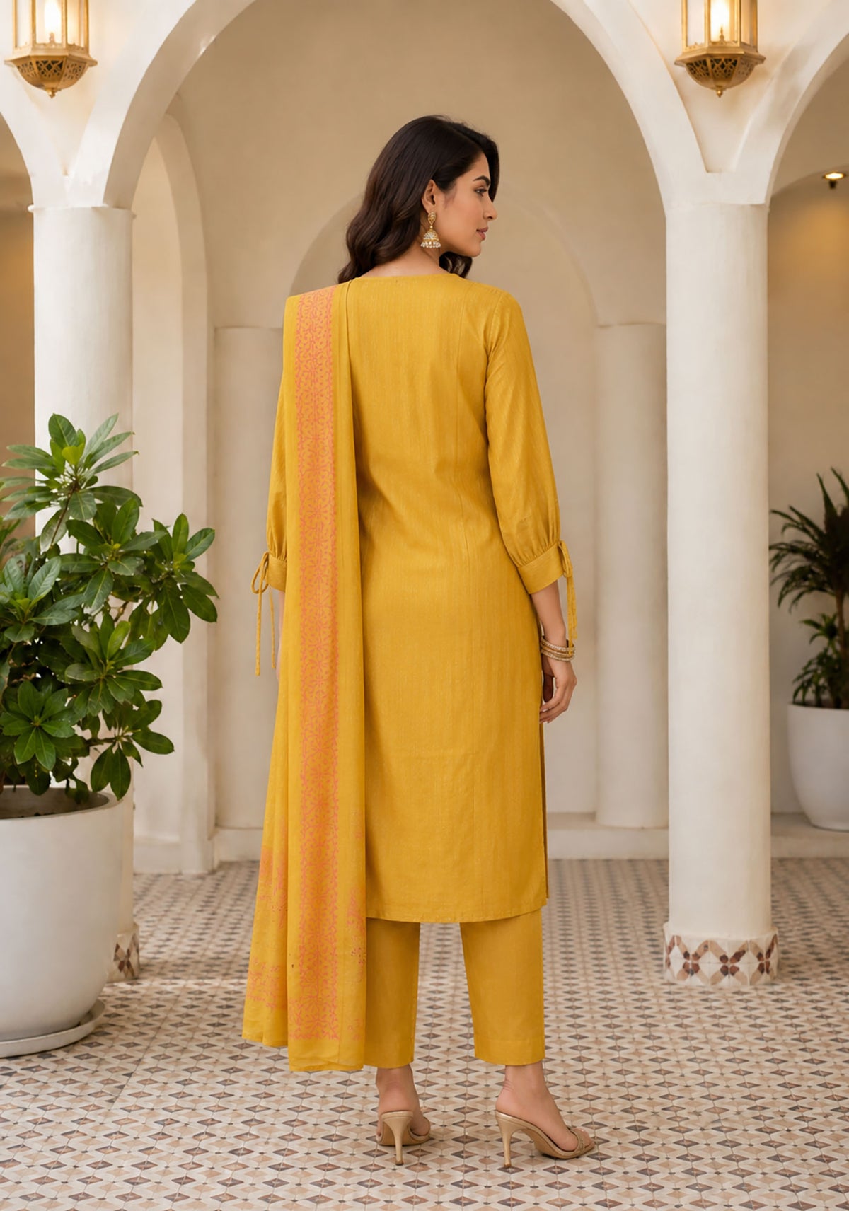 SN164 women’s mustard long sleeve V-neck kurta set in back pose with clean rear silhouette