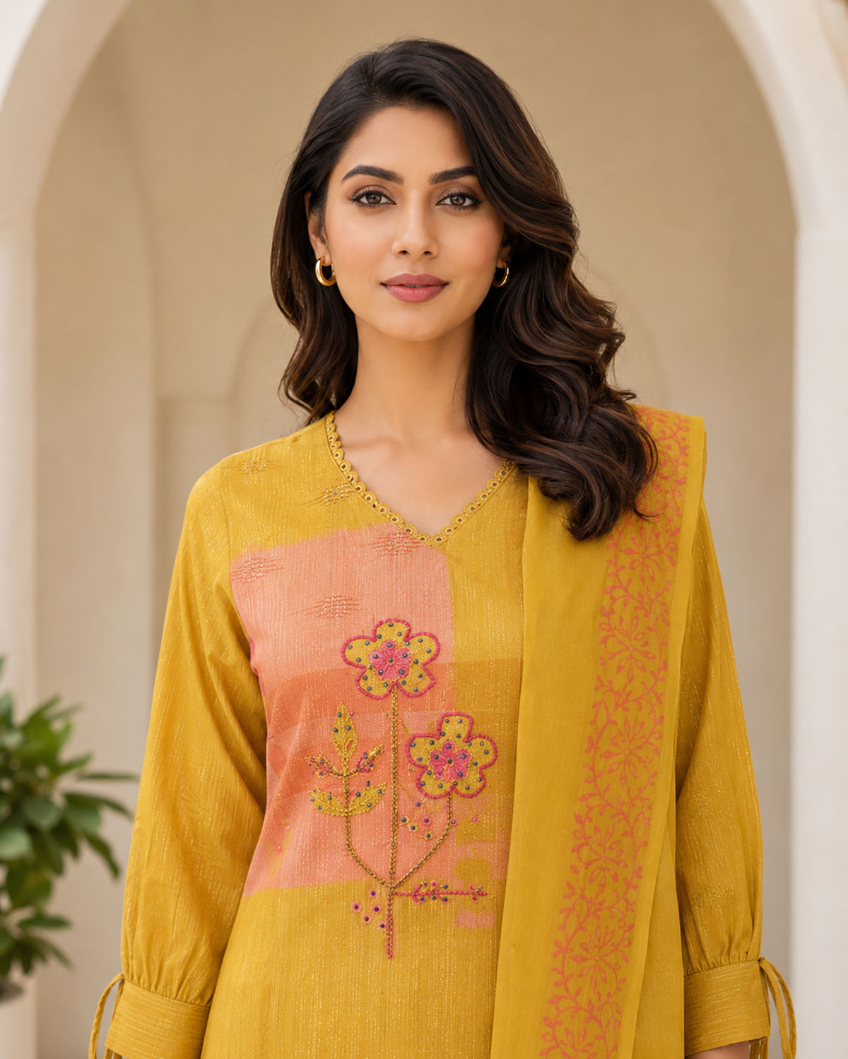 SN164 women’s mustard V-neck long sleeve kurta set closeup showing neckline and embroidery detail