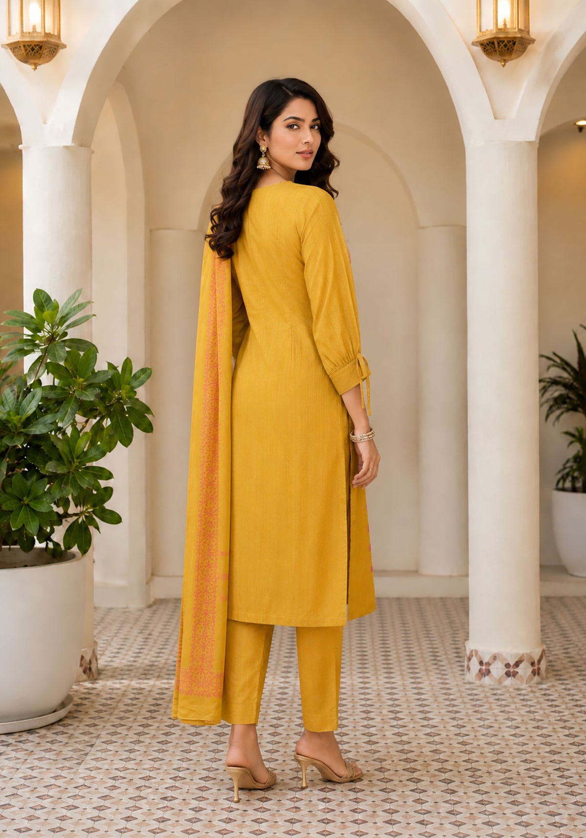 SN164 women’s mustard long sleeve V-neck kurta set in side pose highlighting dupatta drape