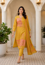 SN164 women’s mustard V-neck long sleeve kurta set in walking pose with flowing dupatta