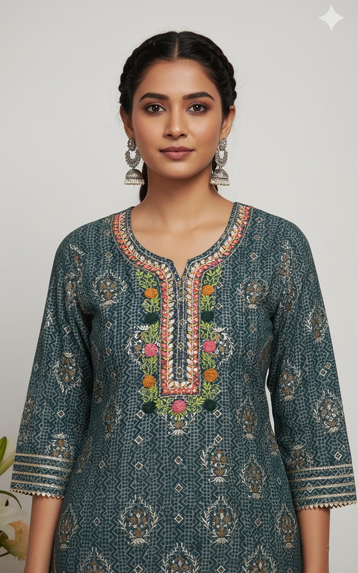 Woman wearing a traditional embroidered dress with a plain background