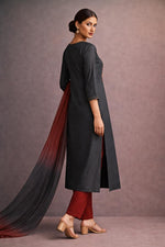 SN167 women’s charcoal grey cotton kurta set side view with three-quarter sleeves and straight silhouette