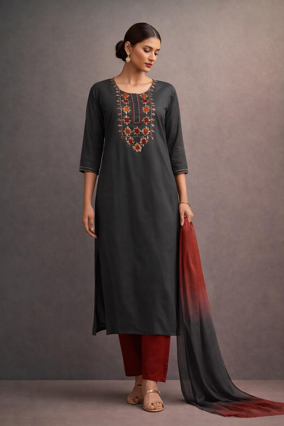 SN167 women’s charcoal grey embroidered cotton kurta set with three-quarter sleeves and straight fit front view