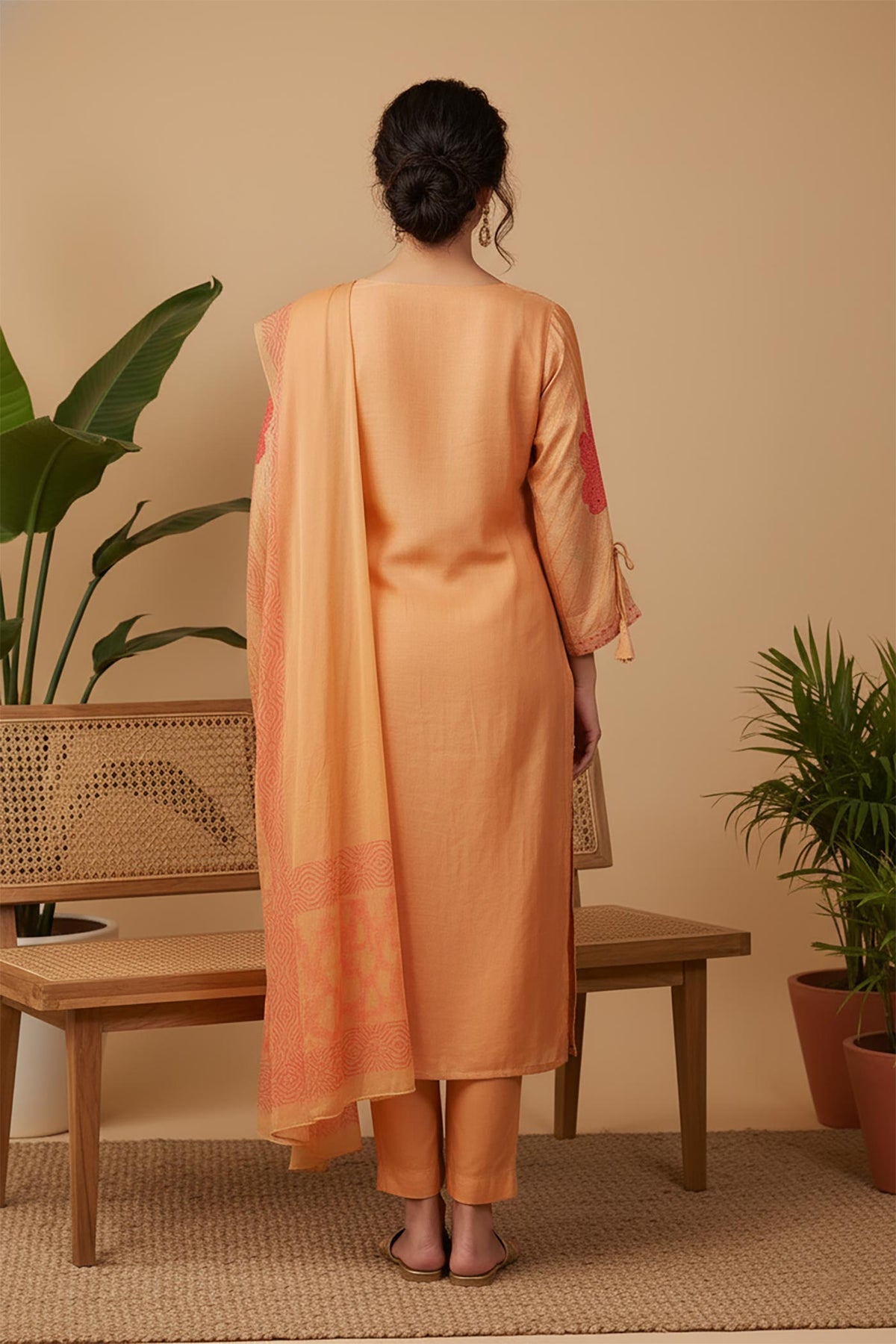 SN169 women’s peach floral embroidered silk kurta set back view with straight silhouette and three-quarter sleeves