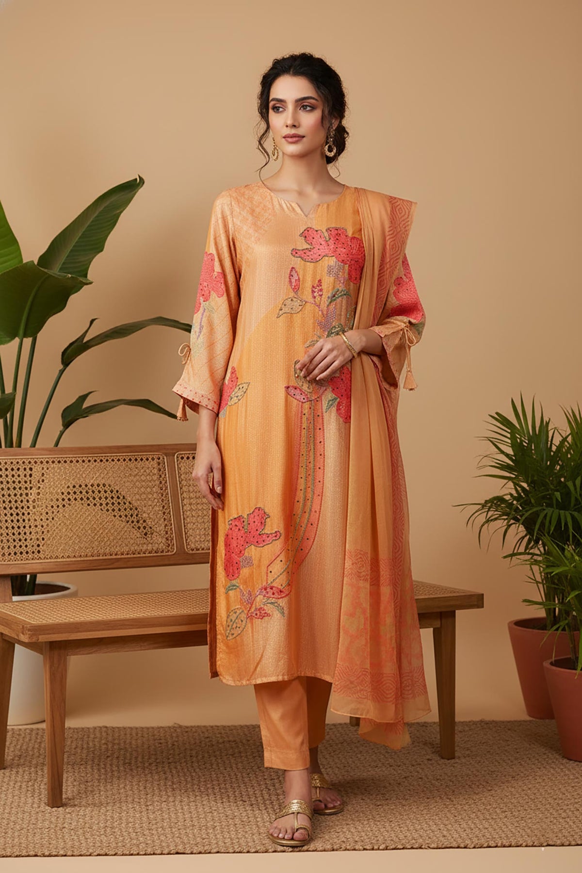 SN169 women’s peach floral embroidered silk kurta set with V-neck and three-quarter sleeves front view