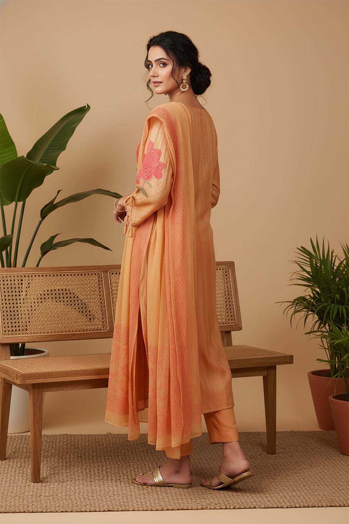 SN169 women’s peach floral embroidered silk kurta set side view with straight fit and three-quarter sleeves