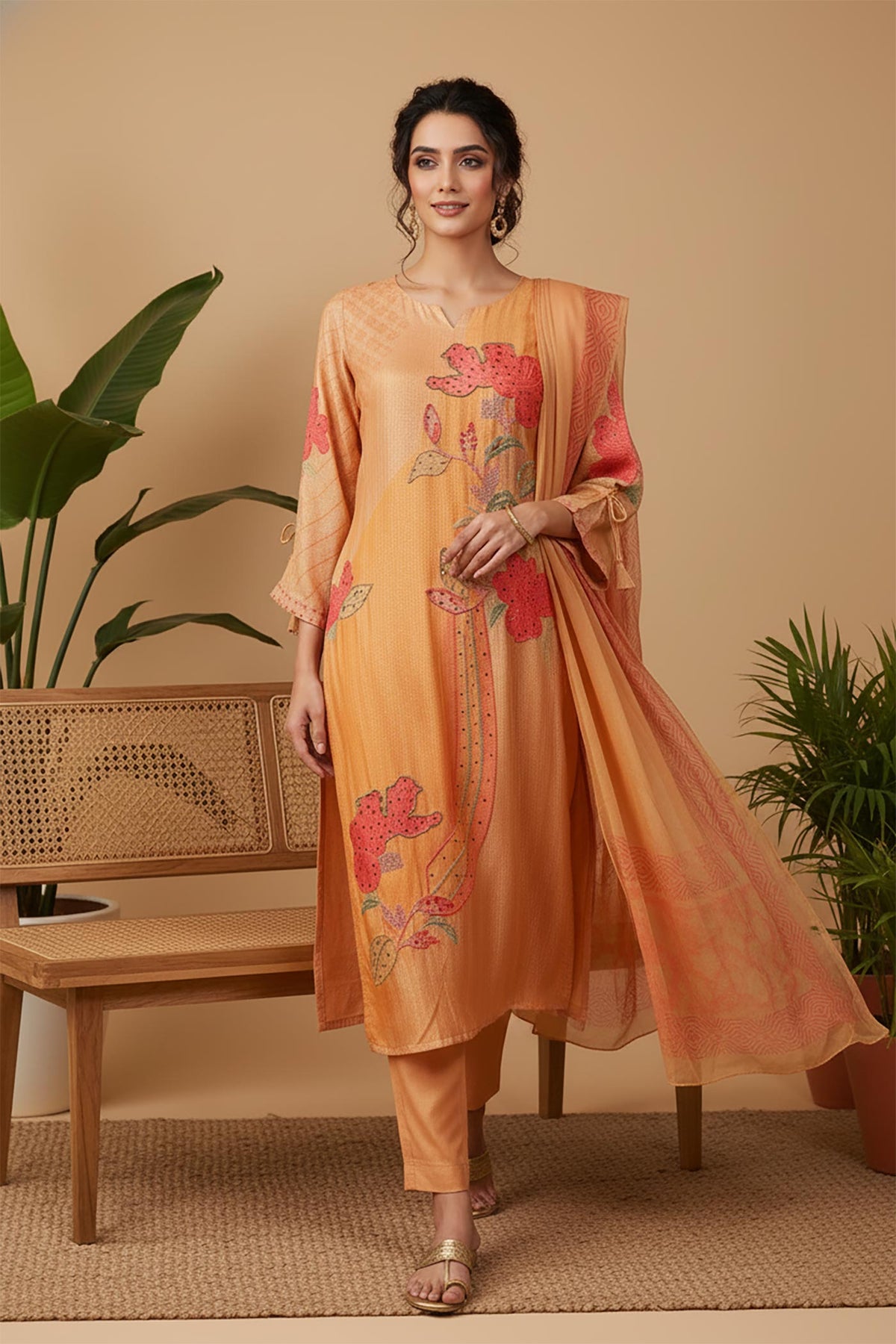 SN169 women’s peach floral embroidered silk kurta set walking pose with dupatta and straight silhouette