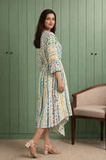 Women’s multicolor cotton midi dress side pose showing asymmetric hem and drape