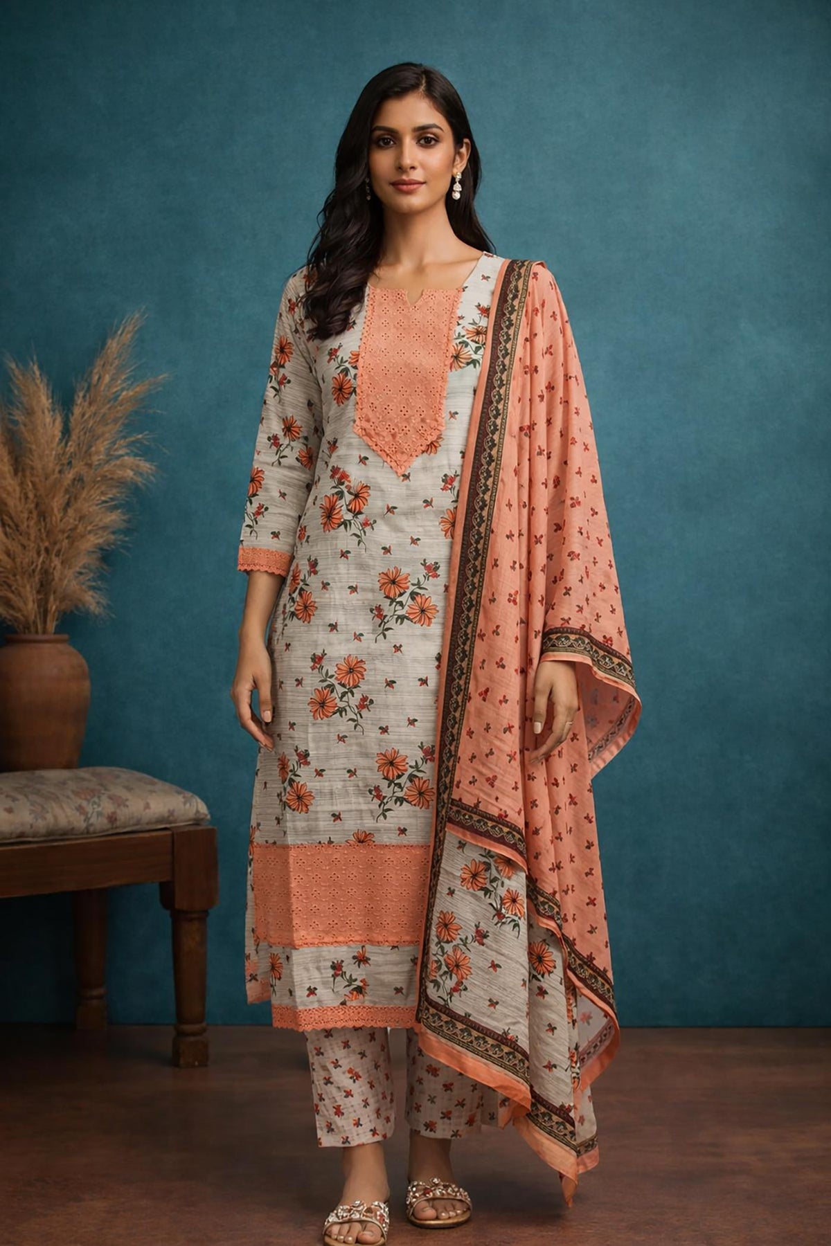 SN170 women’s off white and peach floral cotton kurta set with V-neck and three-quarter sleeves front pose