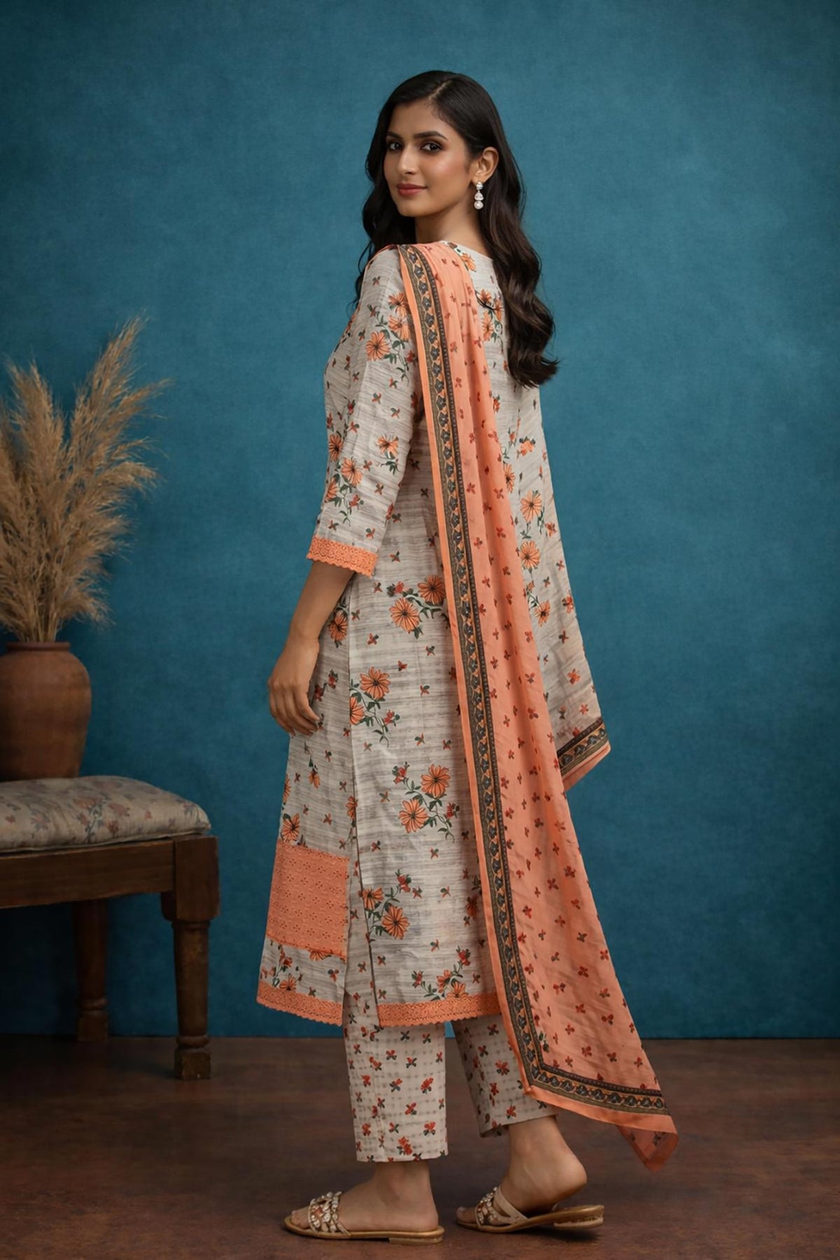 SN170 women’s off white peach floral cotton kurta set with V-neck and dupatta side pose