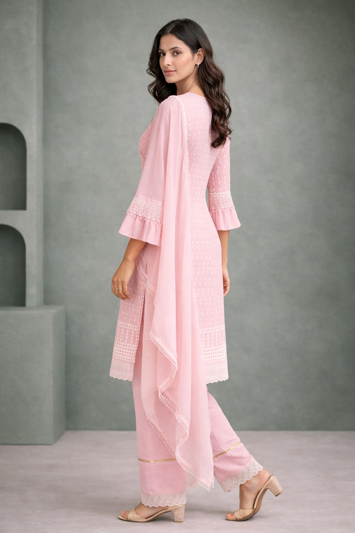 SN171 women’s baby pink cotton kurta set side pose, embroidered straight fit with sheer dupatta drape.
