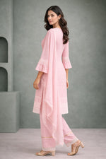SN171 women’s baby pink cotton kurta set side pose, embroidered straight fit with sheer dupatta drape.