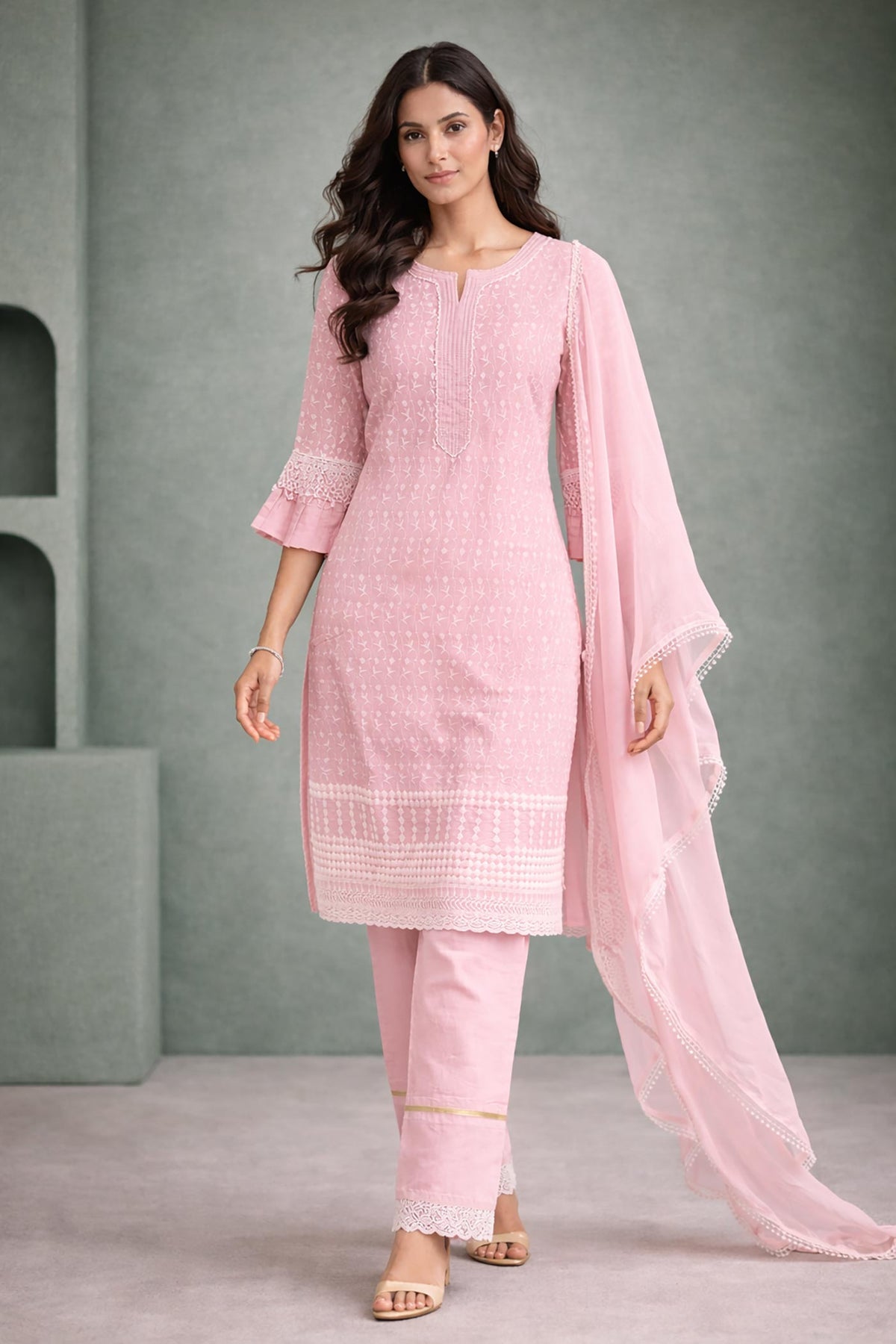 SN171 women’s baby pink chikankari cotton kurta set walking pose, straight silhouette with palazzo and dupatta.
