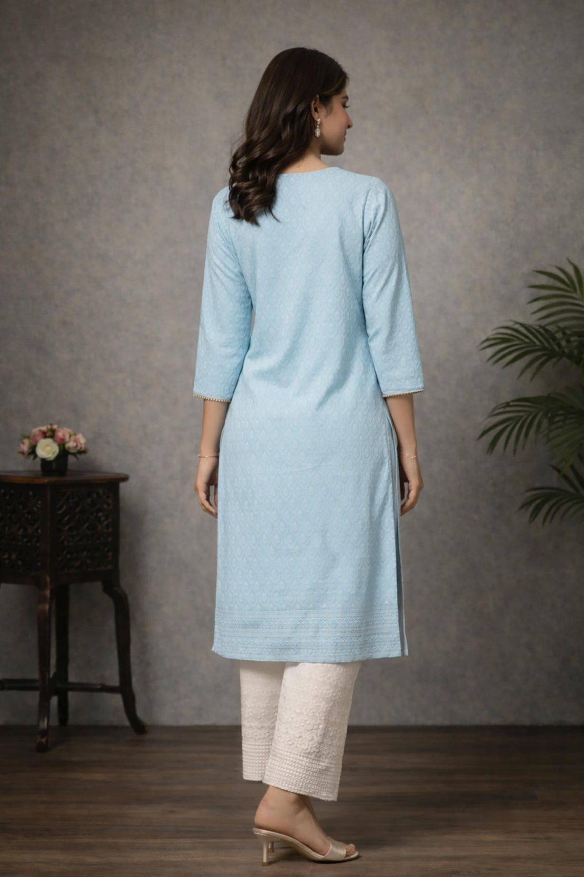 SN172 women’s powder blue cotton jacquard kurta pant set with clean back design and straight cut, rear view