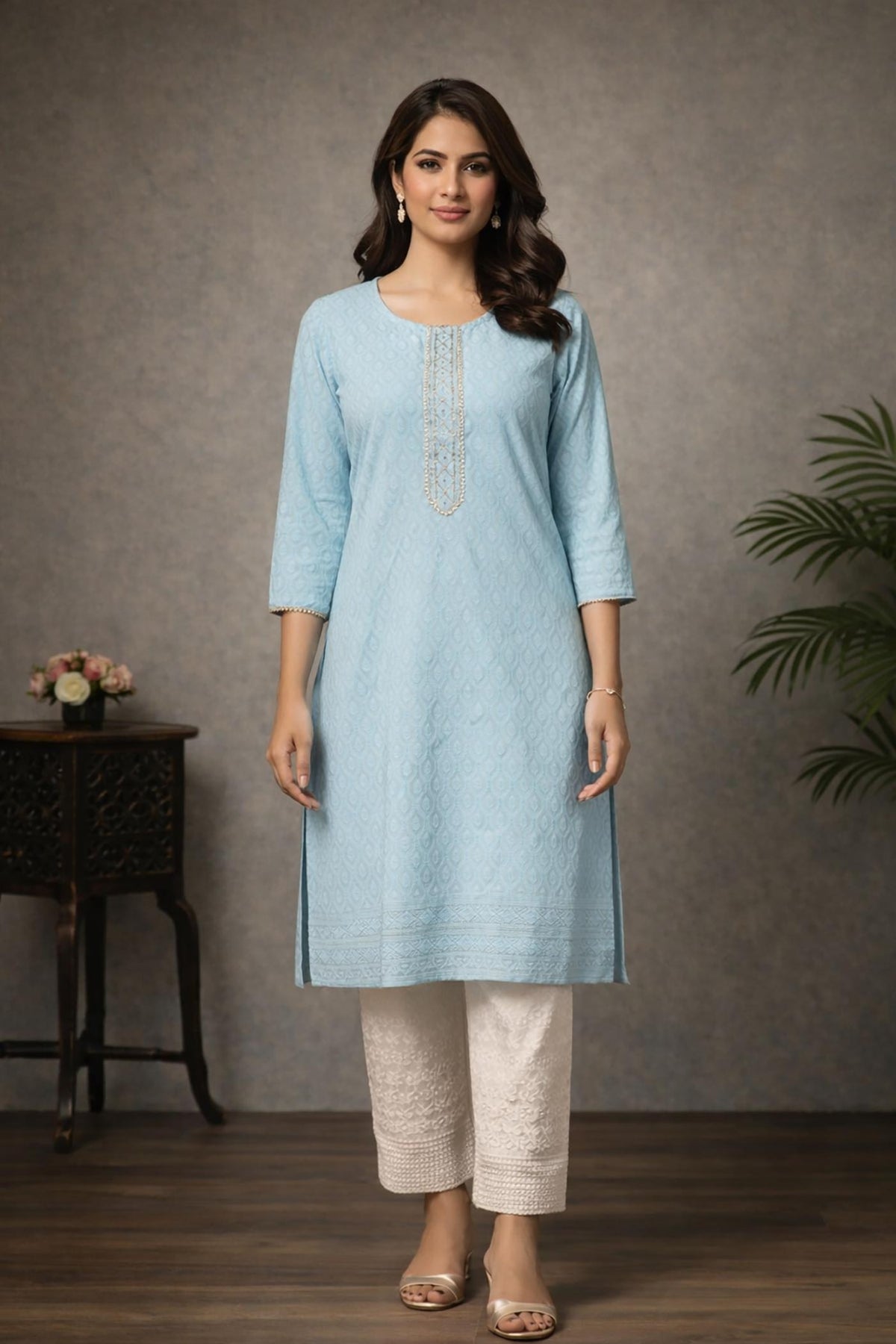 SN172 women’s powder blue cotton jacquard kurta pant set with three-quarter sleeves, straight fit, front view