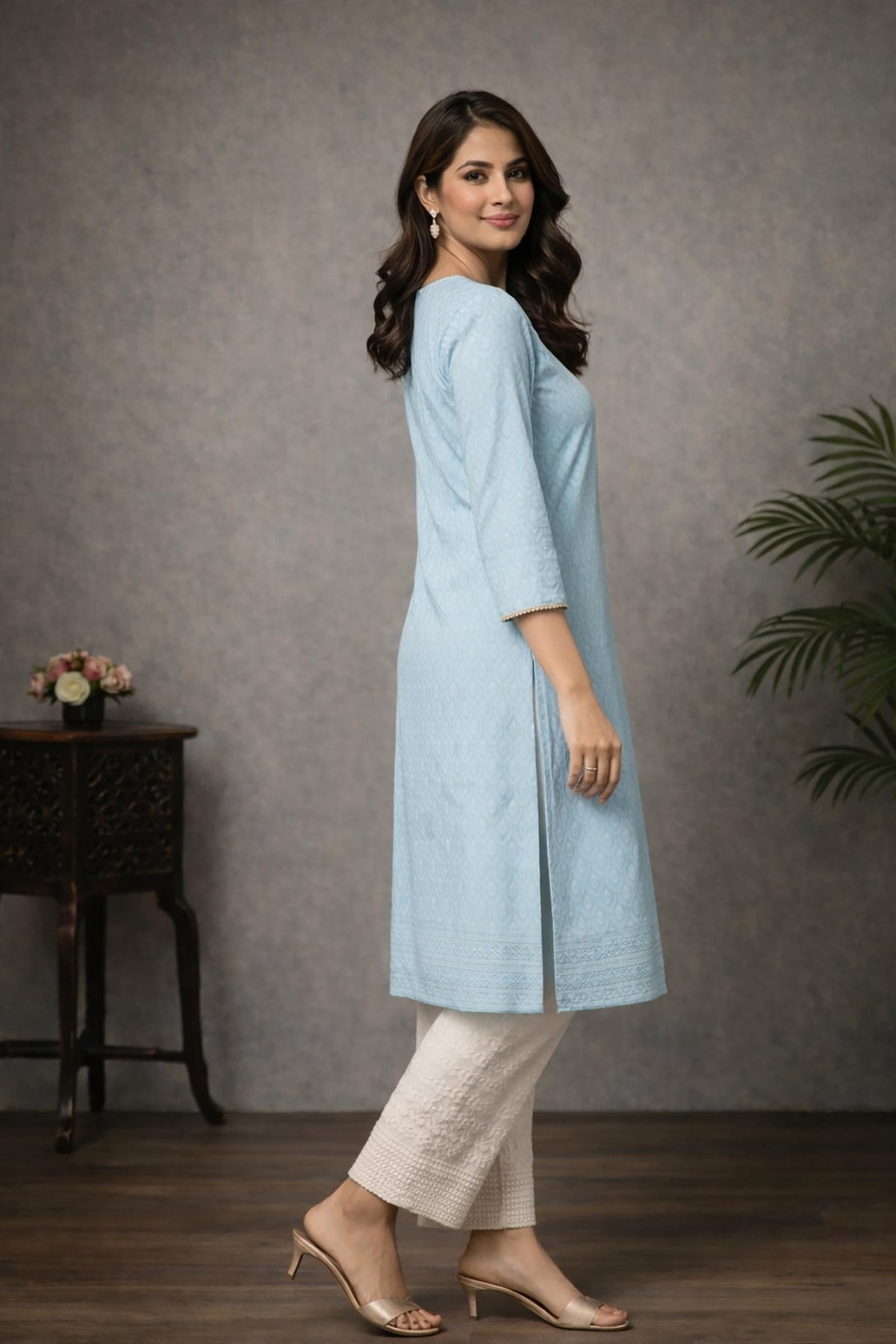 SN172 women’s powder blue cotton jacquard kurta pant set with side slits and straight silhouette, side view