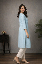 SN172 women’s powder blue cotton jacquard kurta pant set with side slits and straight silhouette, side view
