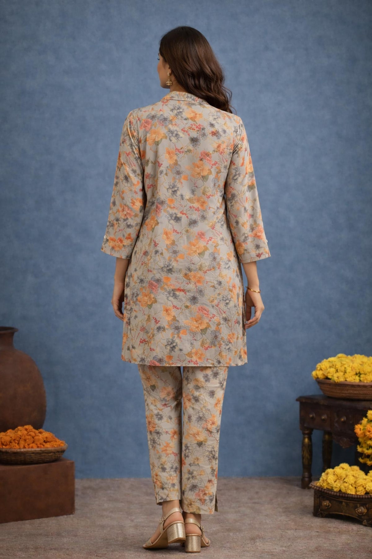 SN174 women’s warm beige floral satin co-ord set back pose showing straight silhouette and long sleeve design