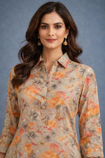 SN174 women’s warm beige floral satin co-ord set closeup showing shirt collar, button placket and long sleeves