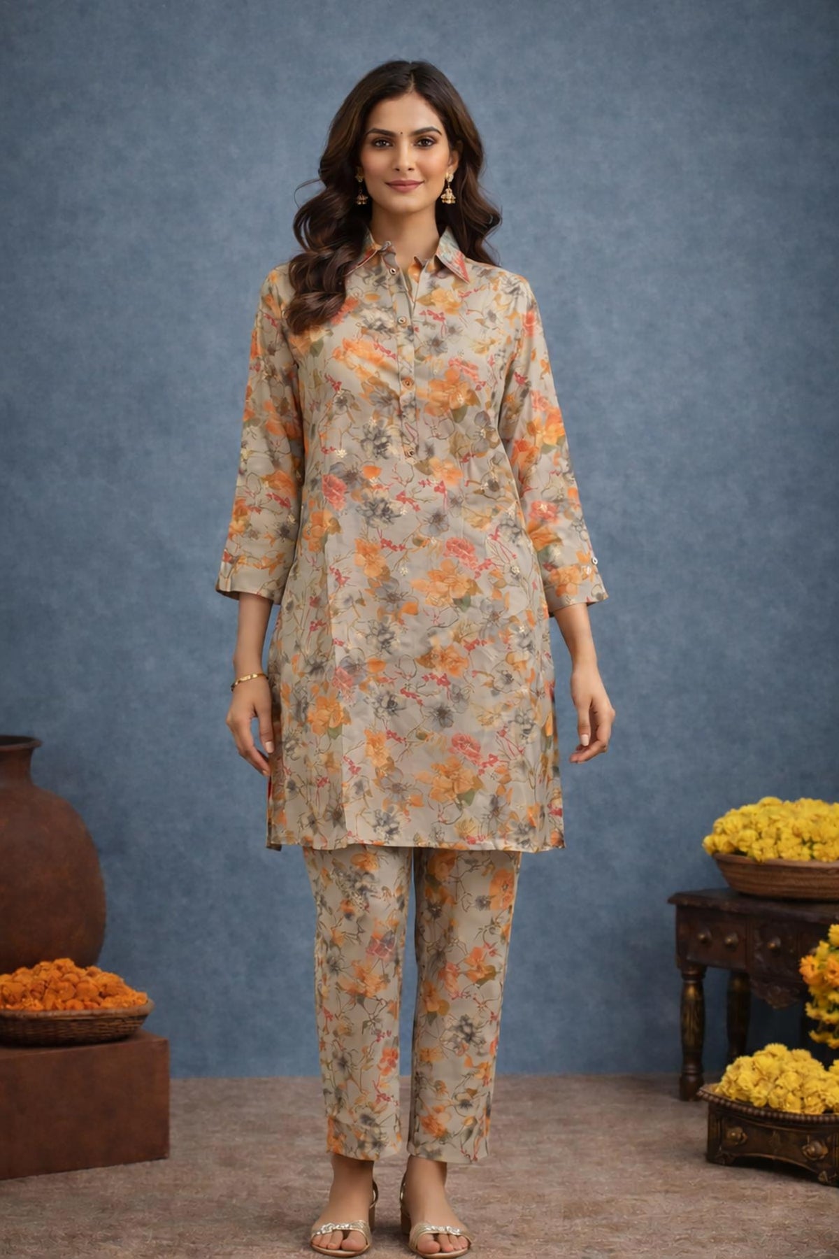 SN174 women’s warm beige floral satin co-ord set with long sleeves and straight pants, front pose view