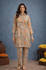 SN174 women’s warm beige floral satin co-ord set with long sleeves and straight pants, front pose view