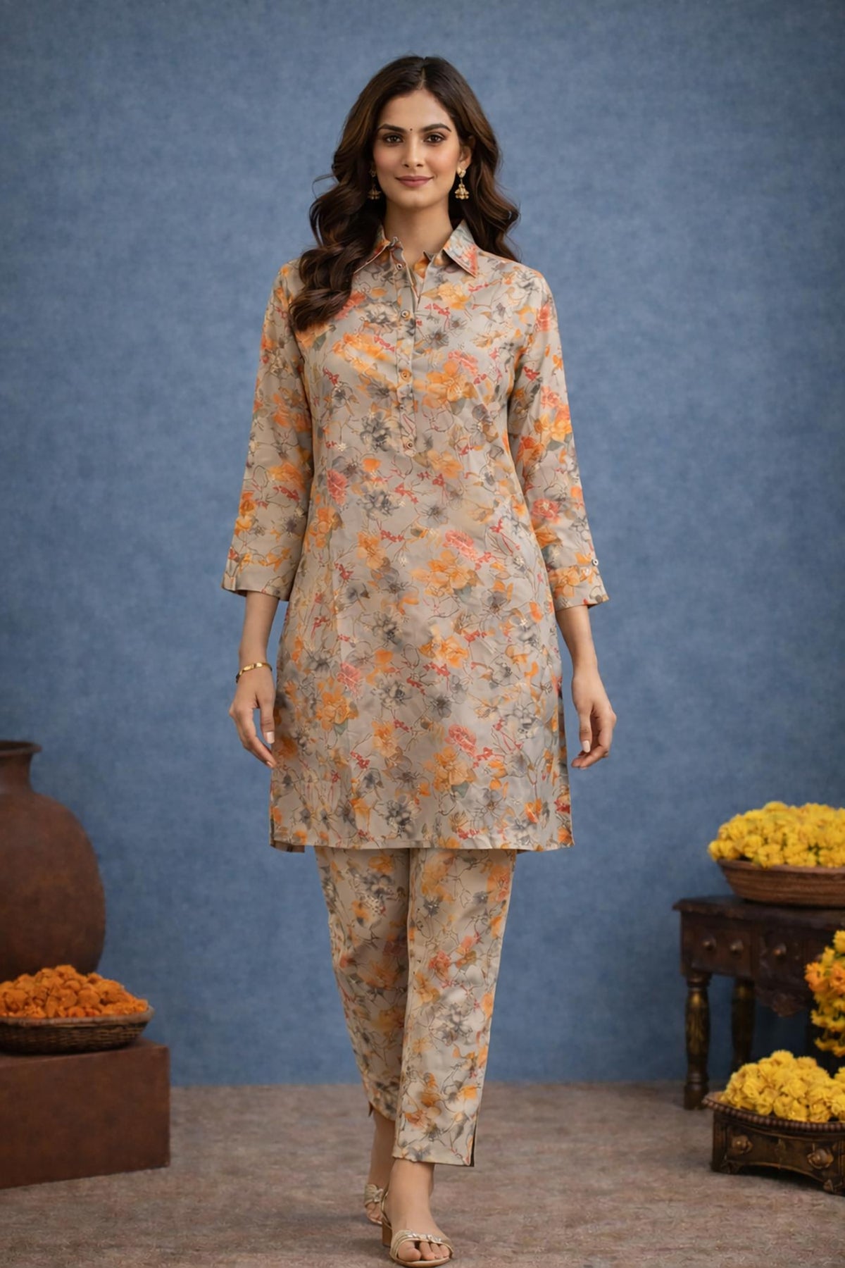 SN174 women’s warm beige floral satin co-ord set walking pose with long sleeves and tailored straight trousers