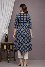 SN176 women’s navy blue geometric print cotton asymmetric dress back pose with three-quarter sleeves and flared silhouette.