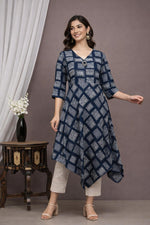 SN176 women’s navy blue geometric print cotton asymmetric dress with V-neck and three-quarter sleeves front pose.