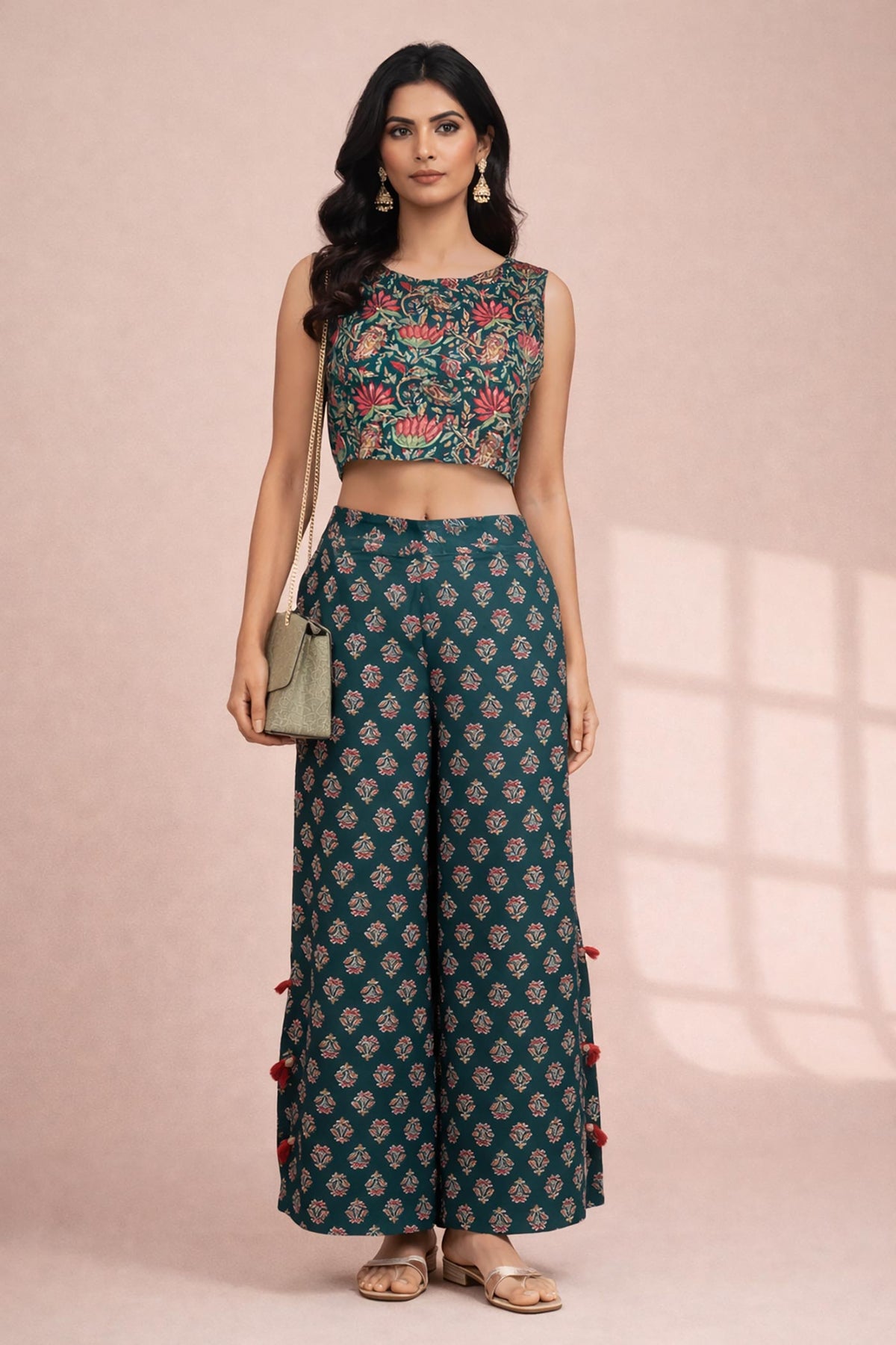 SN177 women’s teal lotus print cotton crop top and palazzo co-ord set, sleeveless round neck front view.