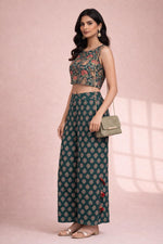 SN177 women’s teal cotton lotus print co-ord set with sleeveless crop top and wide palazzo side view.