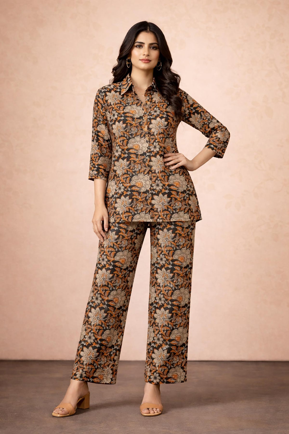SN179 women’s brown floral cotton co-ord set with long sleeves and shirt collar, straight pants front pose.