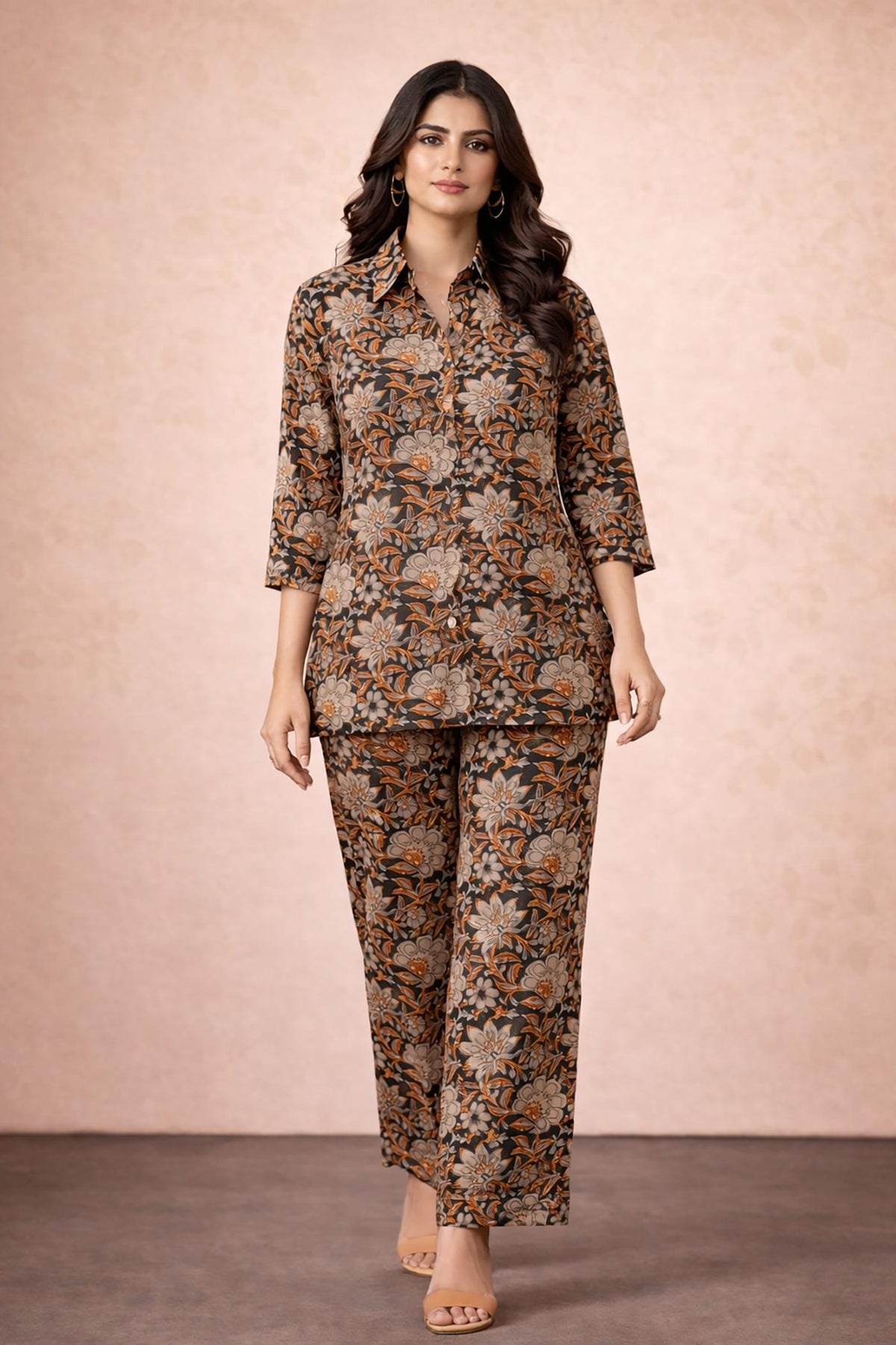 SN179 women’s brown floral cotton co-ord set with long sleeves and straight pants in walking pose.