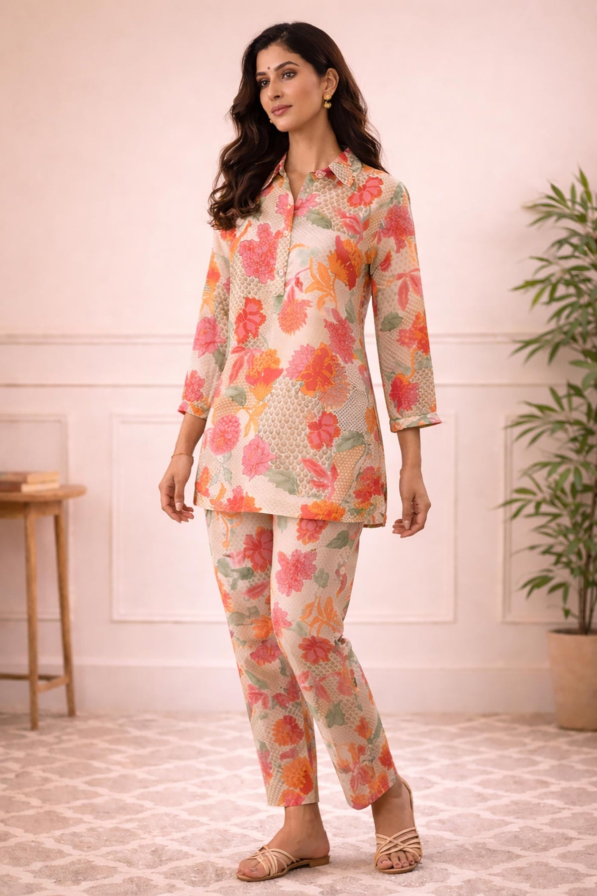 SN181 women’s ivory floral kurta co-ord set with relaxed fit and straight pants side view