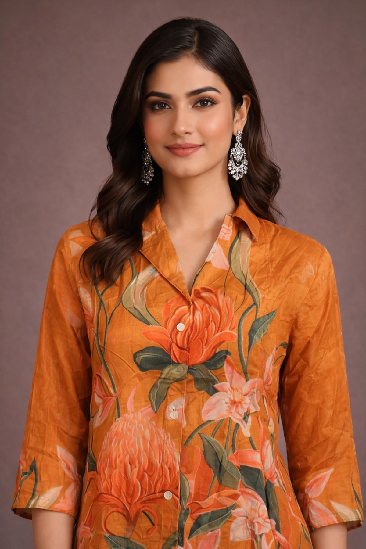 SN182 women’s burnt saffron floral silk blend co-ord set closeup showing V-neck collar and botanical print