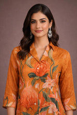 SN182 women’s burnt saffron floral silk blend co-ord set closeup showing V-neck collar and botanical print