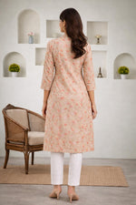 SN184 women’s beige floral cotton kurti back view with 3/4 sleeves and straight silhouette.