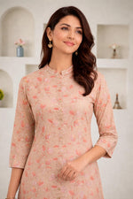 SN184 women’s beige floral cotton kurti closeup showing mandarin collar, button placket and soft print.