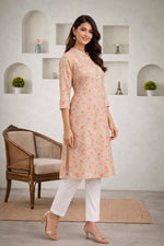 SN184 women’s beige floral cotton kurti with 3/4 sleeves, straight silhouette side view.