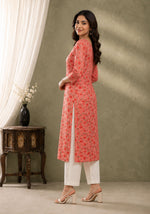 SN185 women’s coral floral cotton kurti three-quarter sleeve side pose with straight silhouette