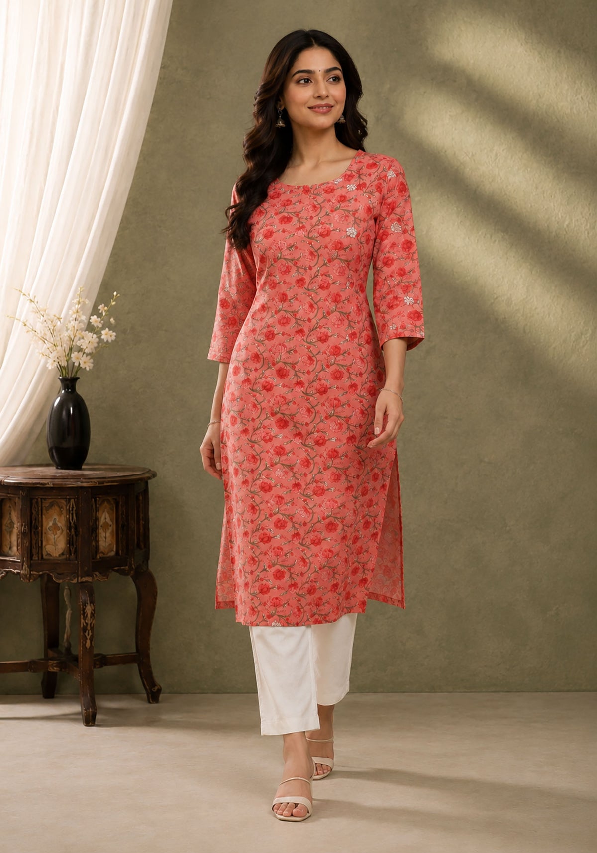 SN185 women’s coral floral cotton kurti walking pose with three-quarter sleeves and straight fit