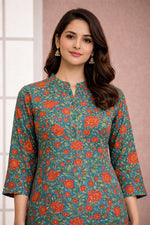 SN187 women’s teal floral cotton kurti closeup showing notch V-neck, button placket and three-quarter sleeves