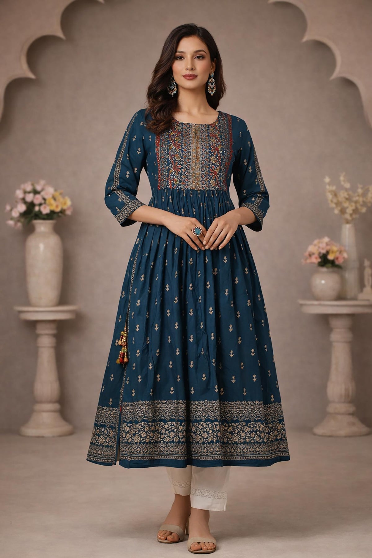SN188 women’s teal cotton Anarkali kurti with heritage floral print, round neck and three-quarter sleeves front view