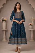 SN188 women’s teal cotton Anarkali kurti with heritage floral print, round neck and three-quarter sleeves front view