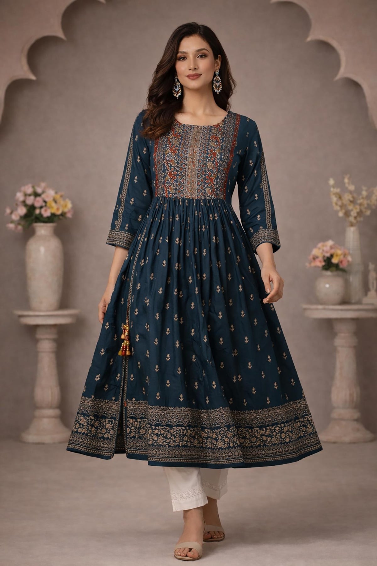 SN188 women’s teal cotton Anarkali kurti walking pose with flowing flare, round neck and three-quarter sleeves