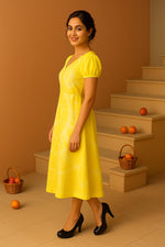 Yellow Tie-Dye Midi Dress Side Pose A-Line Fit